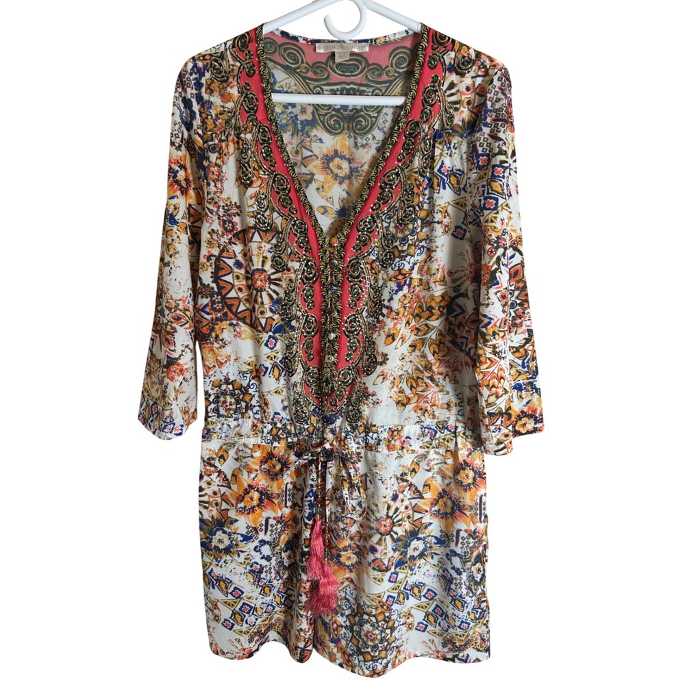 Boston Proper Romper Women 10 Multi Embellished V-Neck 3/4 Sleeve Boho
